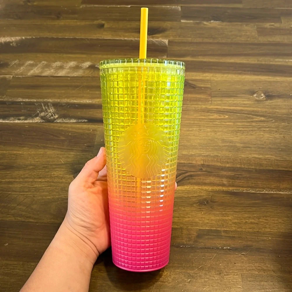 Starbucks 2022 Summer Grid Tumbler Cup Vent Straw Pink Yellow Gradient Ombre